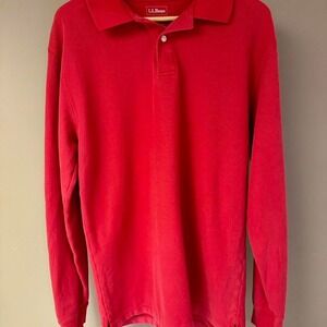 LL Bean Mens M Tall Red Long Sleeve Polo Shirt Cotton Casual Top